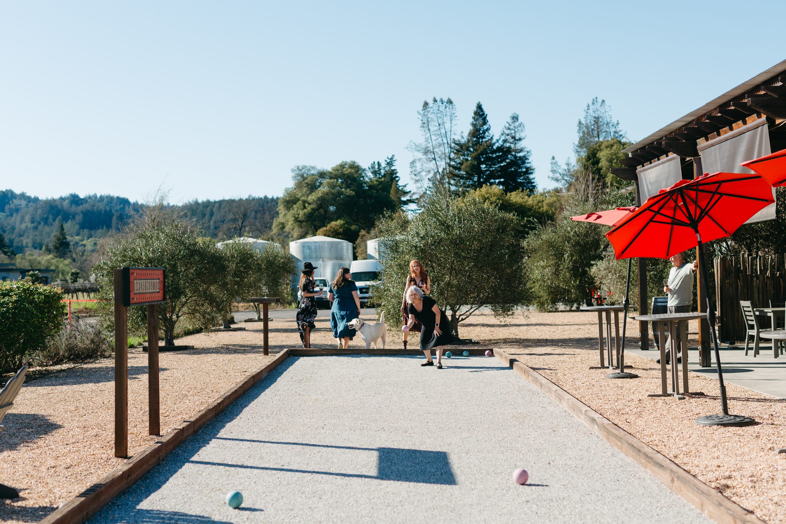 People playing bocce ball outdoors at a vineyard with trees and a building in the background.